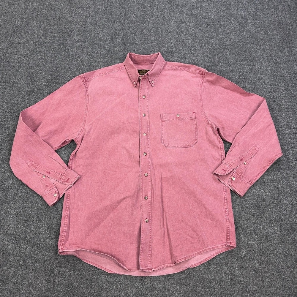 Vintage Eddie Bauer Denim Shirt Men L Pink Solid Long Sleeve Button Front Casual